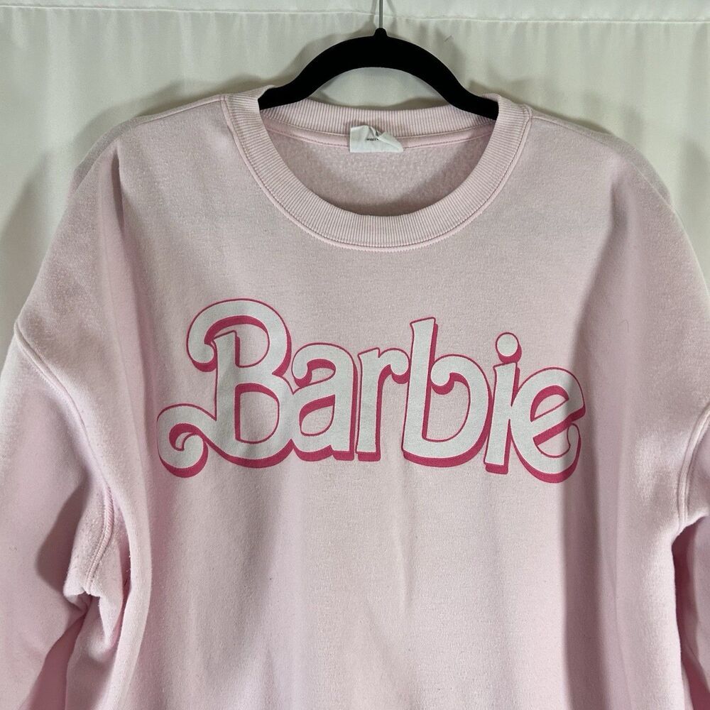 Barbie Sweater Women's Medium Pink Pullover Crew neck Fleece Lined Long Sleeve - Picture 2 of 7